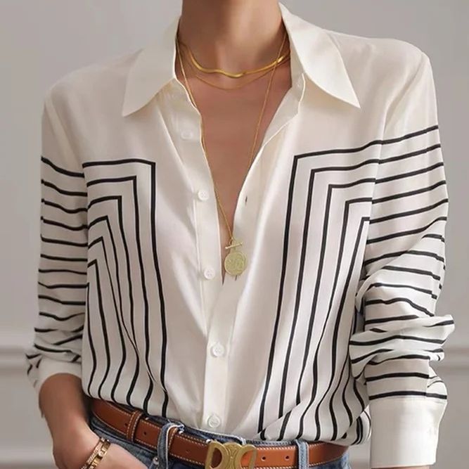 Veda™ – Printed Stripe Lapel Button Loose Fit Dress Shirt Blouse