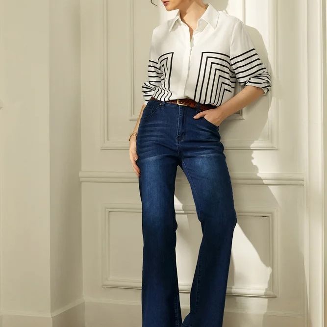 Veda™ – Printed Stripe Lapel Button Loose Fit Dress Shirt Blouse