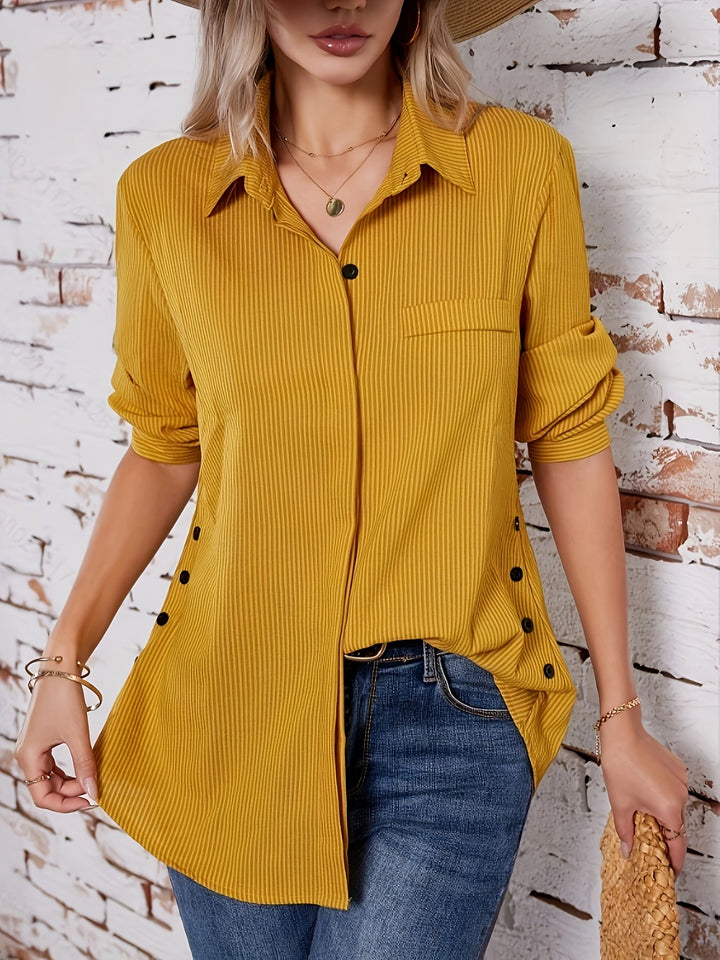 Mireya™ – Side Button Pleated Sleeve Rolled Blouse