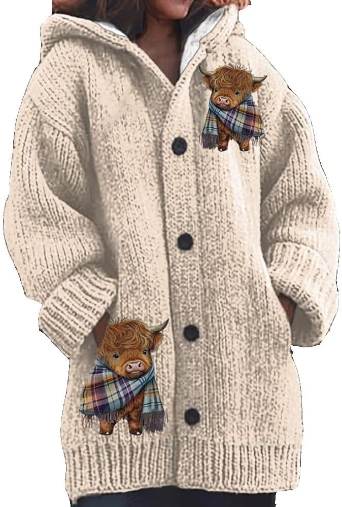 Briony™ – Highland Cow Print Cozy Jacquard Knit Button Cardigan