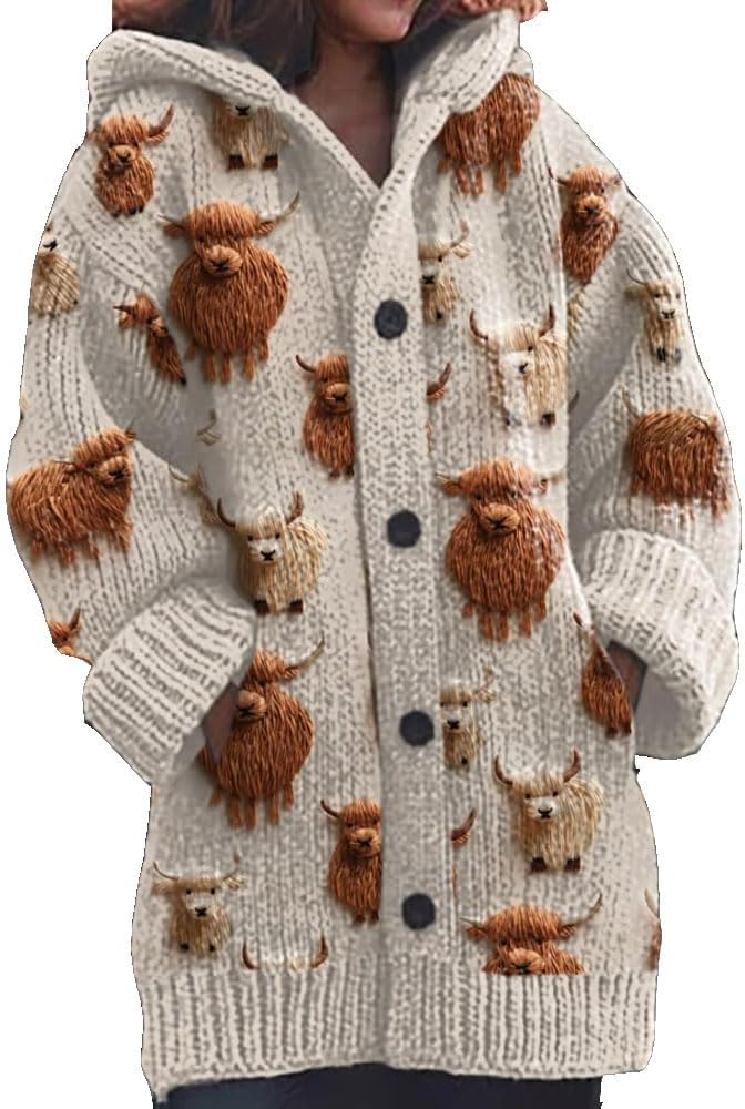 Briony™ – Highland Cow Print Cozy Jacquard Knit Button Cardigan