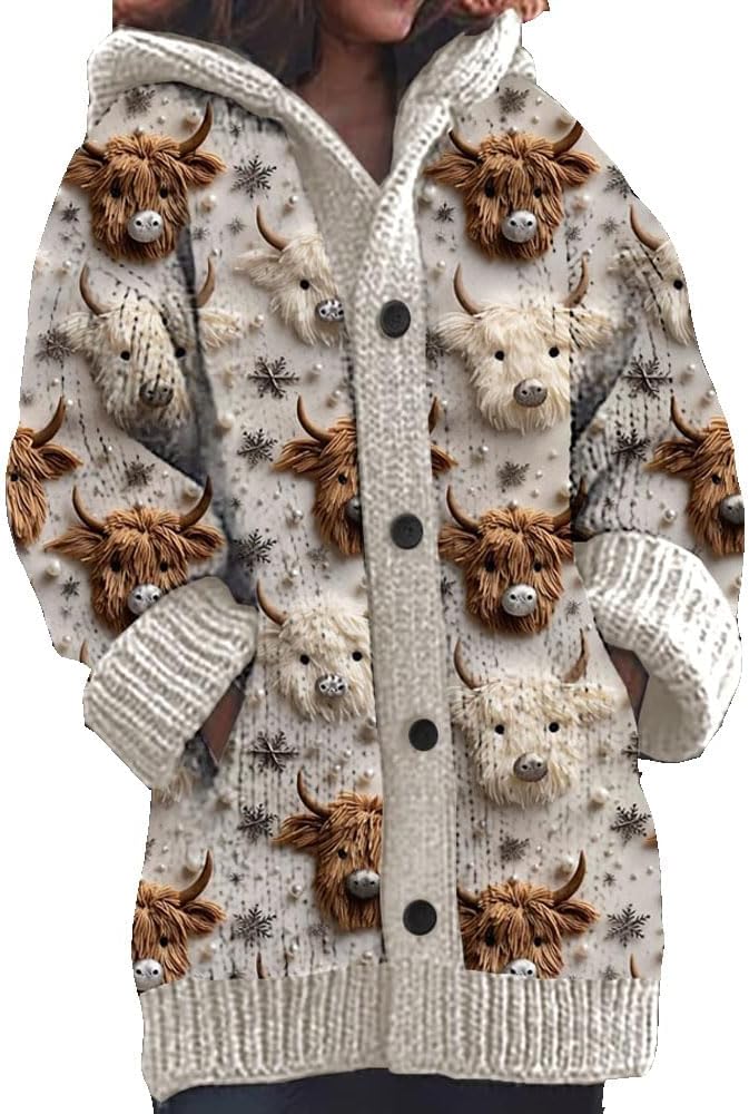 Briony™ – Highland Cow Print Cozy Jacquard Knit Button Cardigan