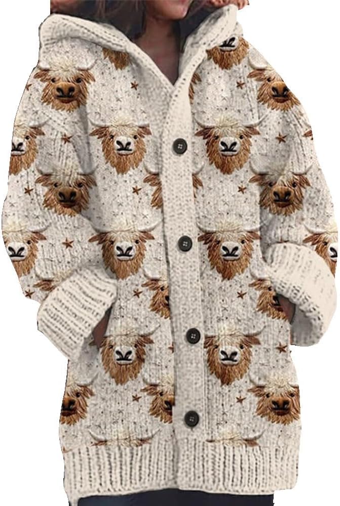 Briony™ – Highland Cow Print Cozy Jacquard Knit Button Cardigan