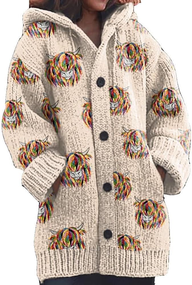 Briony™ – Highland Cow Print Cozy Jacquard Knit Button Cardigan