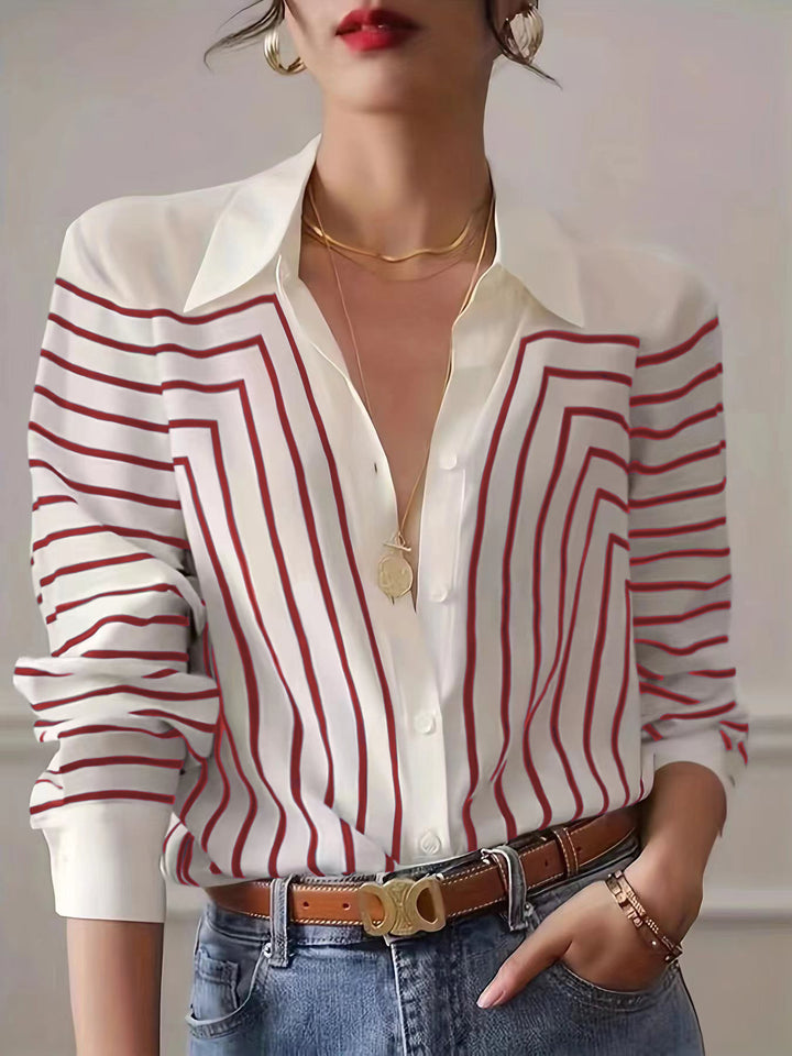 Veda™ – Printed Stripe Lapel Button Loose Fit Dress Shirt Blouse