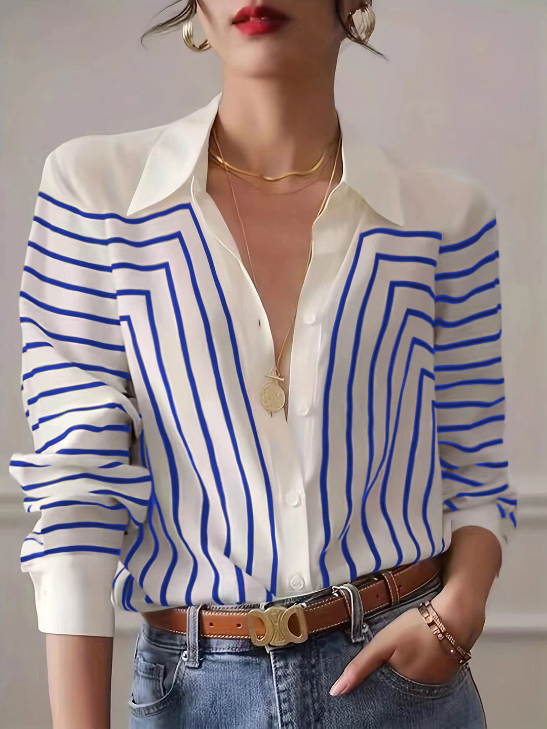 Veda™ – Printed Stripe Lapel Button Loose Fit Dress Shirt Blouse
