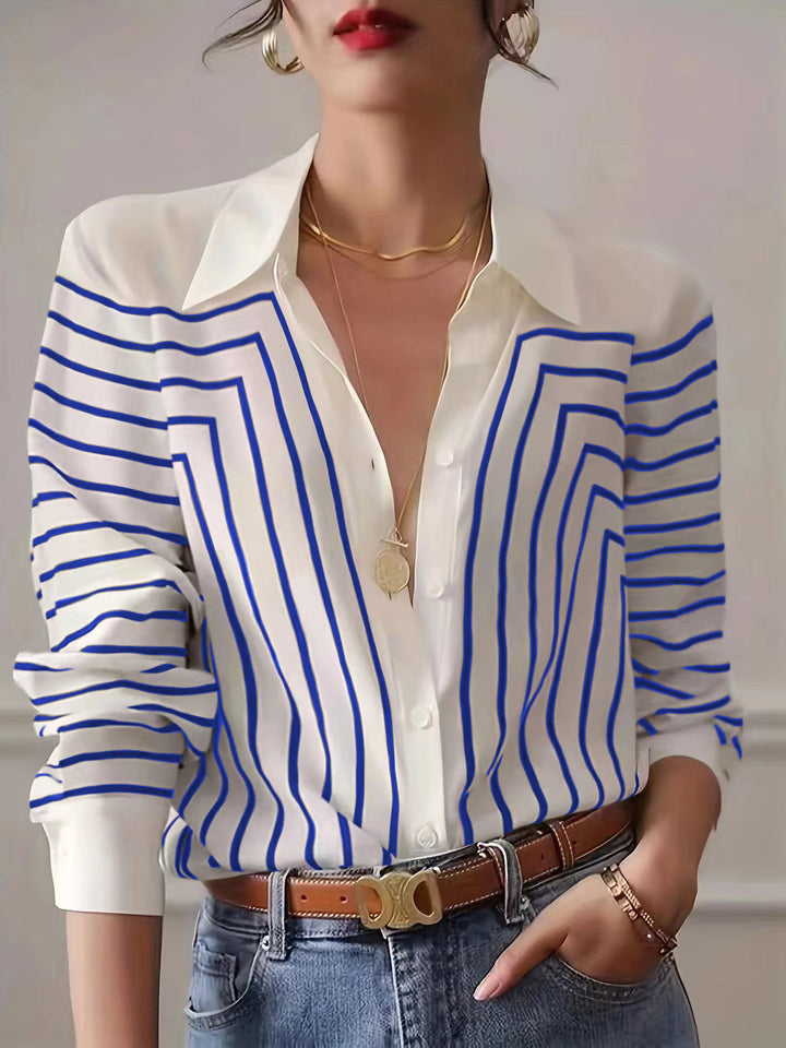 Veda™ – Printed Stripe Lapel Button Loose Fit Dress Shirt Blouse