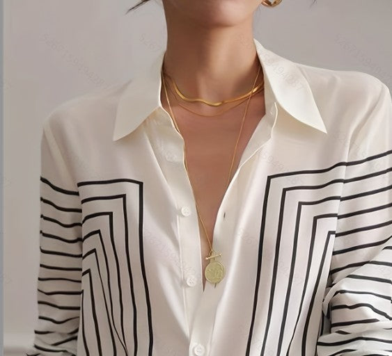 Veda™ – Printed Stripe Lapel Button Loose Fit Dress Shirt Blouse