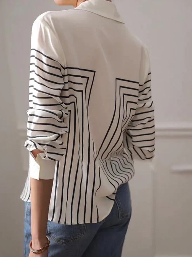 Veda™ – Printed Stripe Lapel Button Loose Fit Dress Shirt Blouse