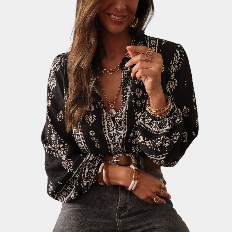 Eliza™ – Boho Print Lantern Sleeve Blouse