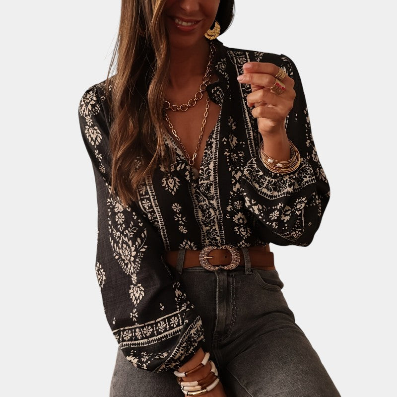 Eliza™ – Boho Print Lantern Sleeve Blouse