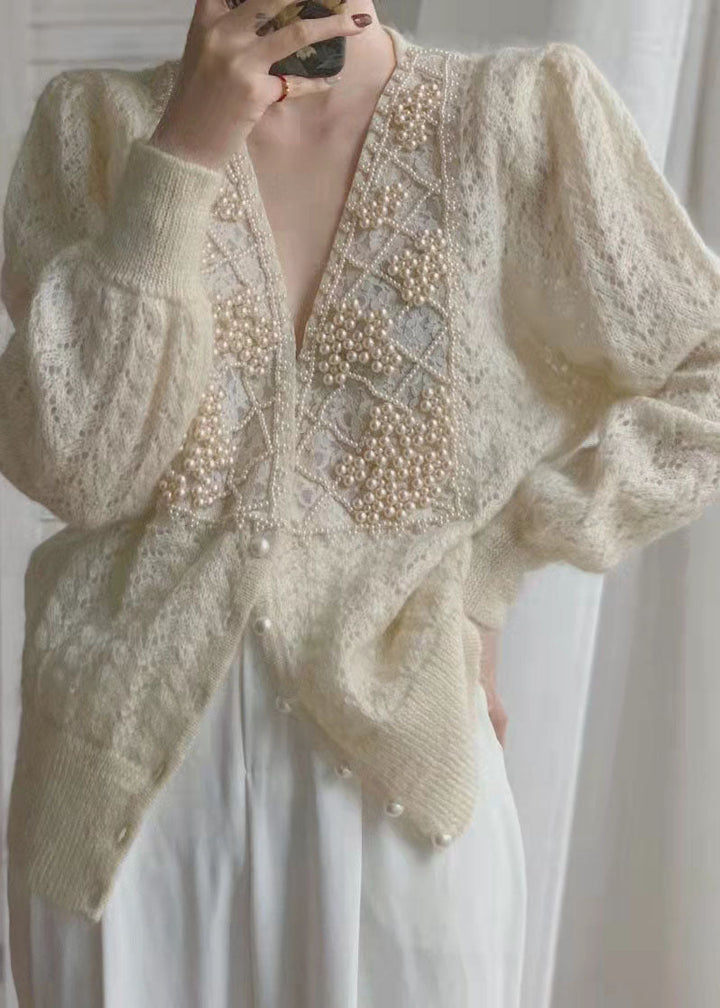 Hine™ – Pearl Embellished V-Neck Knit Cardigan
