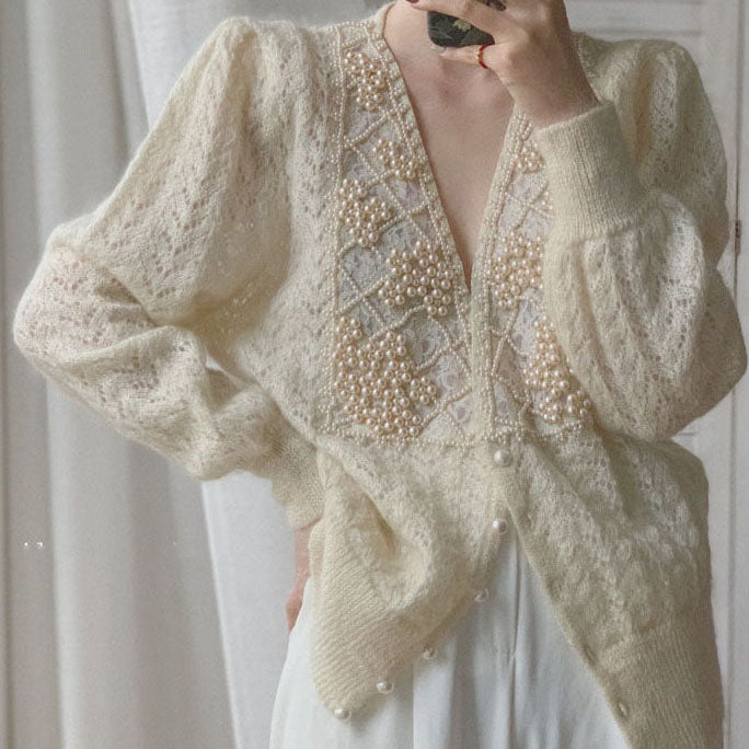 Hine™ – Pearl Embellished V-Neck Knit Cardigan
