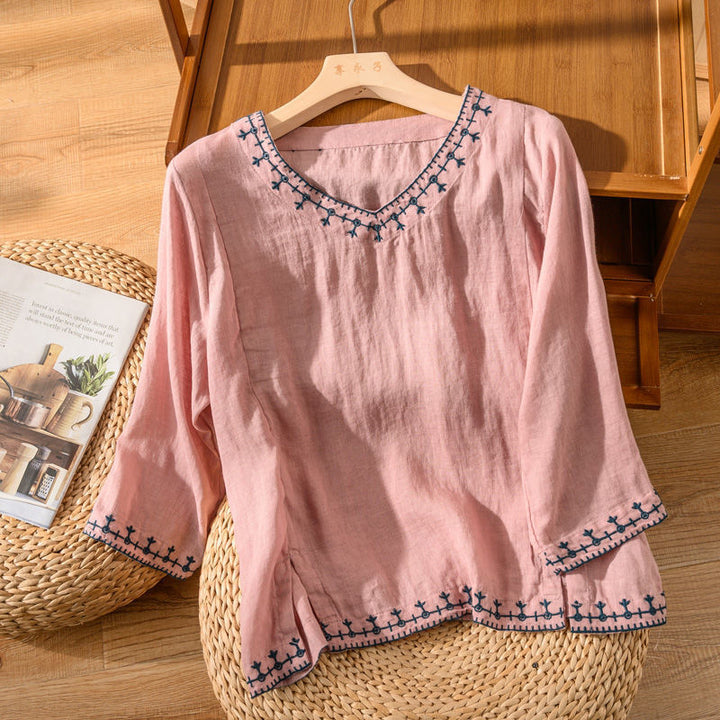 Vega™ – Embroidered Long Sleeve Top with V-Neck