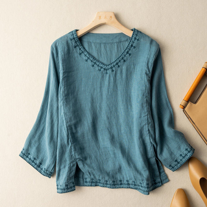 Vega™ – Embroidered Long Sleeve Top with V-Neck