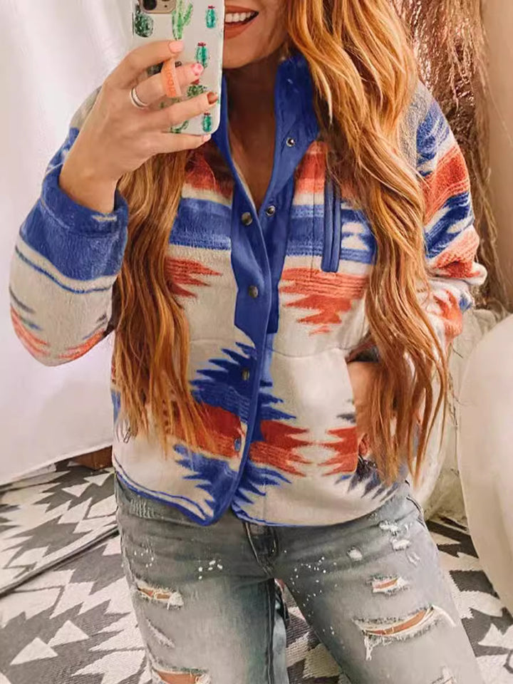 Aria™ – Geometric Print Contrast Colour Plush Jacket
