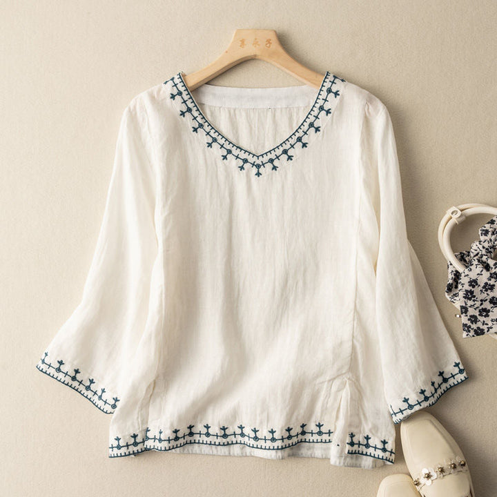 Vega™ – Embroidered Long Sleeve Top with V-Neck