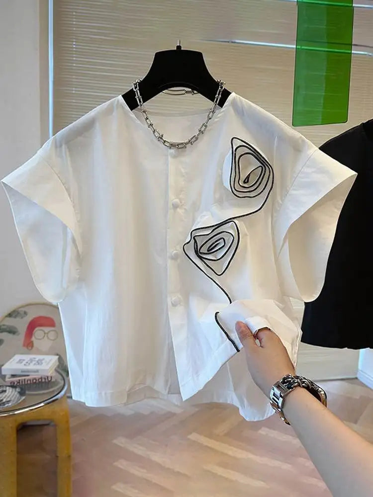 Rosalie™ – Floral Appliqué Short Sleeve Summer Blouse
