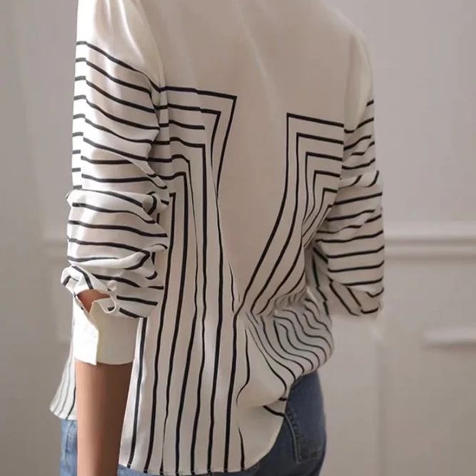 Veda™ – Printed Stripe Lapel Button Loose Fit Dress Shirt Blouse