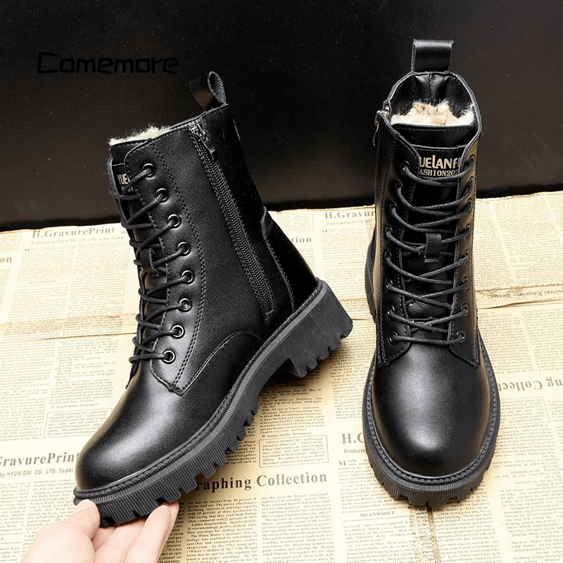 Sylvia™ – Polished Black Leather Fur Lined Boots