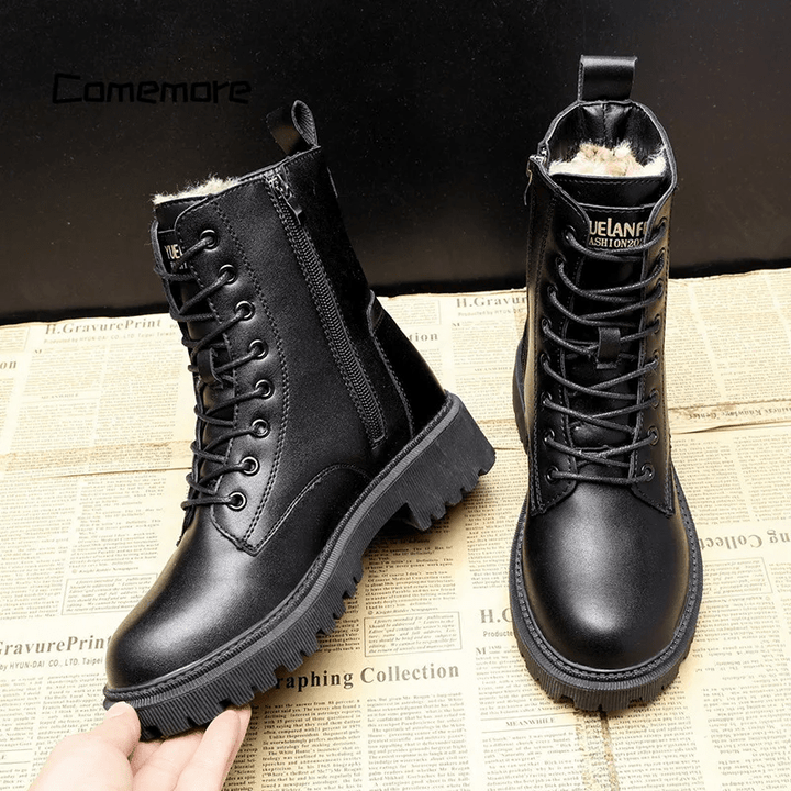 Sylvia™ – Polished Black Leather Fur Lined Boots