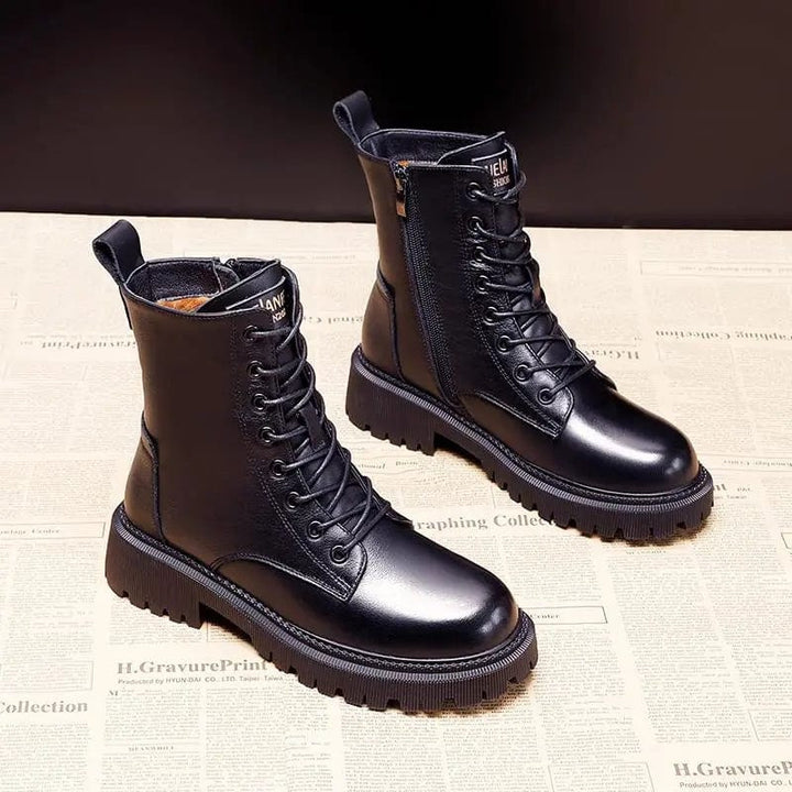 Sylvia™ – Polished Black Leather Fur Lined Boots