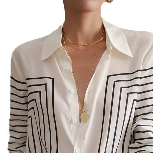 Veda™ – Printed Stripe Lapel Button Loose Fit Dress Shirt Blouse