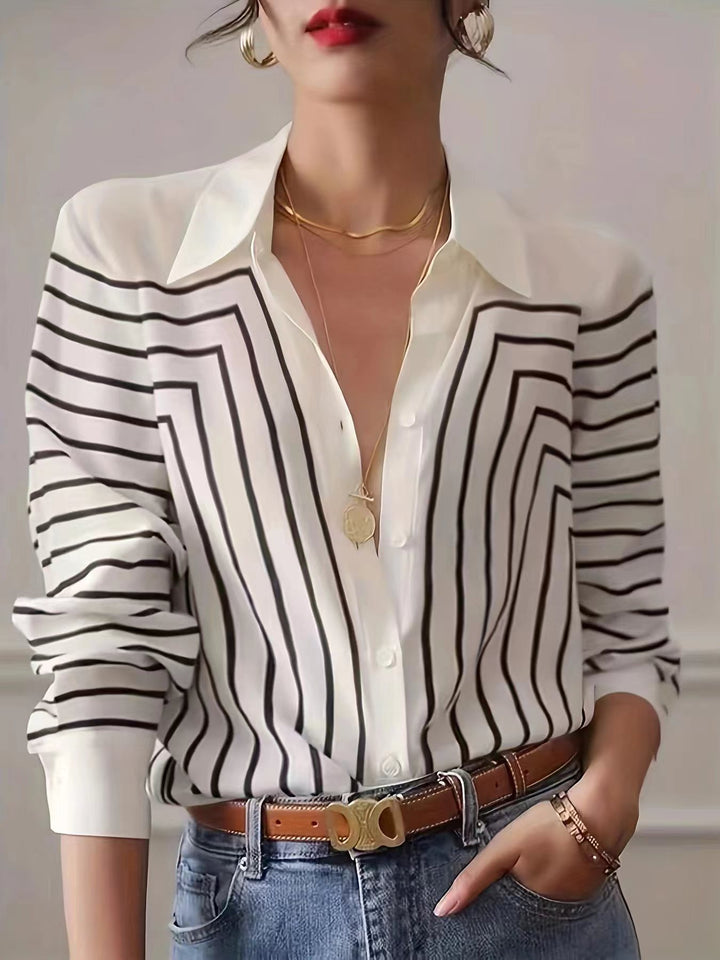 Veda™ – Printed Stripe Lapel Button Loose Fit Dress Shirt Blouse