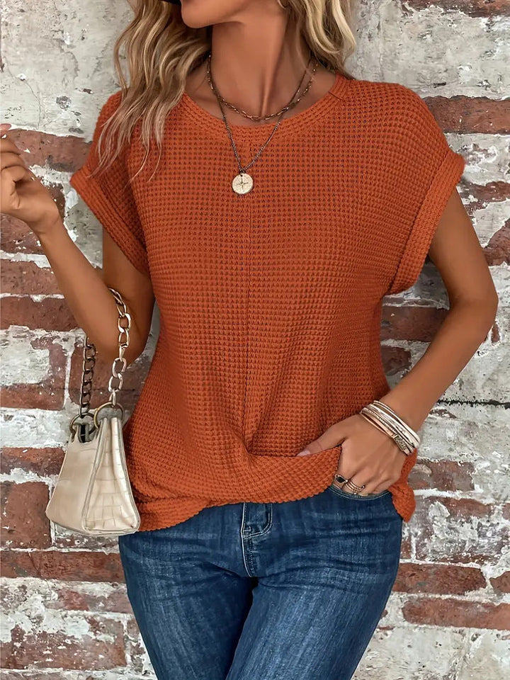 Faye™ – Casual Waffle Knit Short Sleeve Blouse